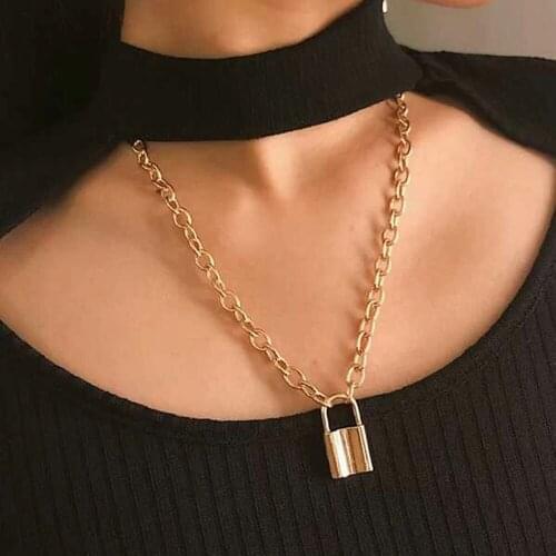 Simple lock chain necklace punk link chain silver color padlock pendant necklace women fashion gothic jewelry