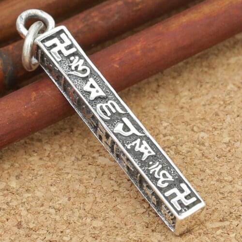 Real 925 sterling silver Buddhism six words pendant jewelry Thai silver retro simple men women square totem pole fashion pendant