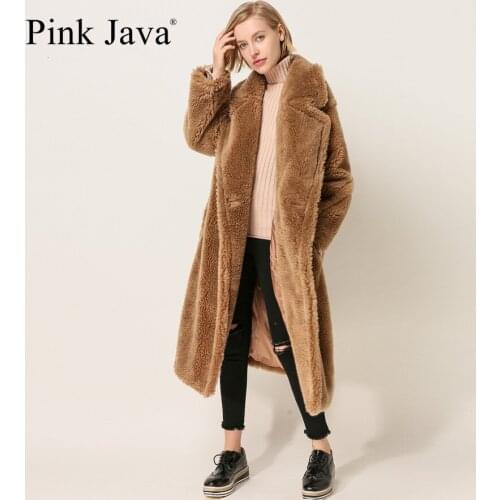 PINK JAVA QC1848 new arrival free shipping real sheep fur coat long style camel teddy coat over size winter women coat