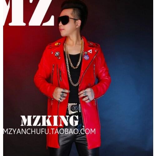 S-5xl! Mens New Fashion Dj Red Long Locomotive Leather Jacket Coat Singer Costumes Formal Dress Plus Size Clothing