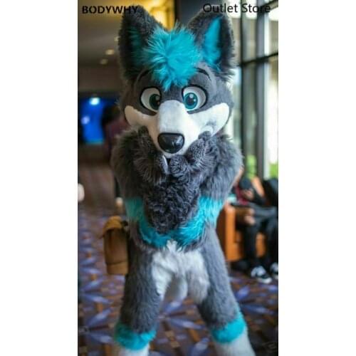 Gray Plush Husky Fox Dog Furry Mascot Costume Cosplay Dress Outfit Fursuit Christmas Halloween Birthday Party Ad Opening