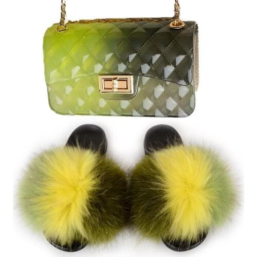Summer Ladies Fluffy Slides Womens Fox Fur Slippers Plush Shoes Shoulder Messenger Bag Set Female PVC Color Rhombus Jelly Bags