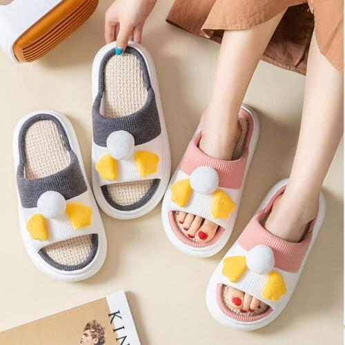 Spring Women Hemp Cute Cartoon Slippers Couples Bedroom House Cotton Shoes Breathable Non-slip Home Slides Winter Warm Pantufa