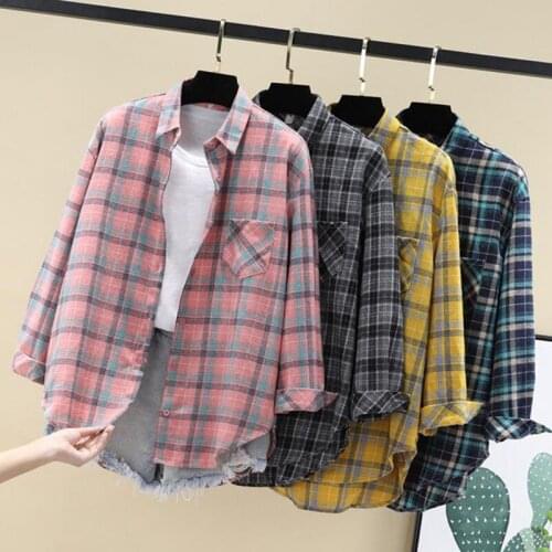 New 2021 Spring Autumn Women Korean Retro Plaid Shirt Long Sleeve Single-breasted Turndown Collar All-match Blouse Blusa Y702