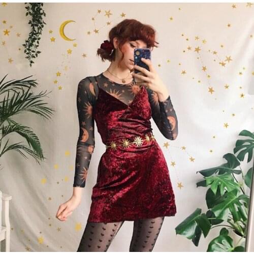 Sexy Women Sun Moon Printed See Through Transparent Mesh Crop Tops Black White Long Sleeve Sheer Slim Ladies Round Neck T-Shirt