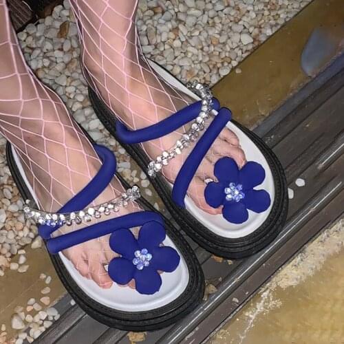 Rimocy 2021 New Flowers Clip Toe Platform Slippers Women Fashion Crystal Flat Beach Slides Woman Outside Cross Strap Flip Flops