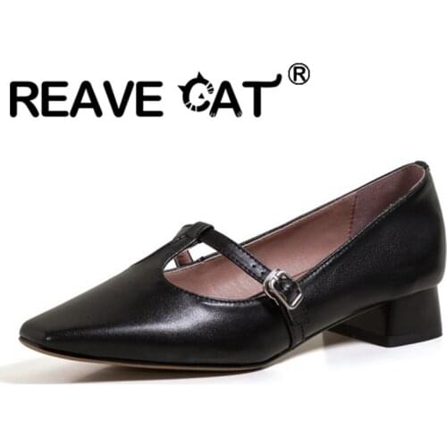 REAVE CAT 2021 Genuine Leather Comfort Plus Ladies Flats Buckle T Strap Round Toe Square Heel 3cm Size 33-43 Beige Black A4297