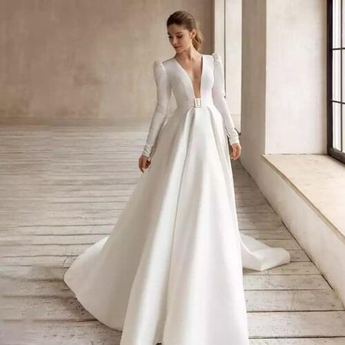 Long Sleeve Wedding Dresses 2021 Deep V-Neck Satin Floor Length Elegant Ivory Bridal Gown With Belt Button Zipper Custom Made
