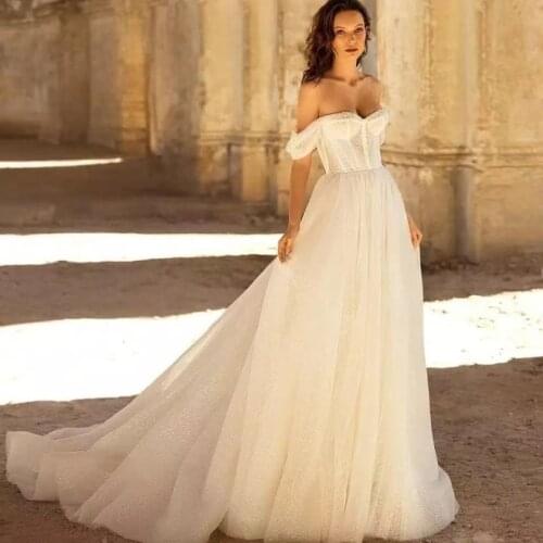 2021 New Bohemian Wedding Dresses for Women Off the Shoulder A Line Boho Bridal Gowns Bling Shiny Bride Vestidos De Novia