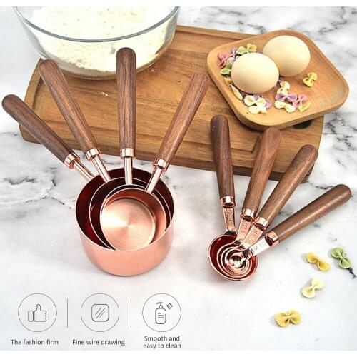 10pcs Kitchen Measuring Tool Plating Measuring Cups Spoon Walnut Wooden Handle Rose Gold Measuring Cups Measuring Spoon Scoop