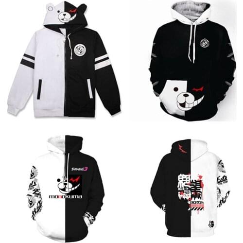 2020 New Danganronpa Monokuma Cosplay Costume Hoodie Casual Coat Jacket Women Men Black White Bear Hooded Sweatshirt Plus Size