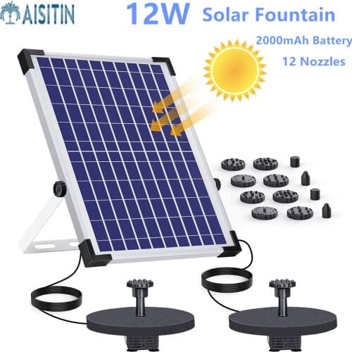 AISITIN 12W Solar Fountain Pump, Built-in Double 2000mAh Battery Backup, Solar Water Fountain for Bird Bath Fish Tank Pond