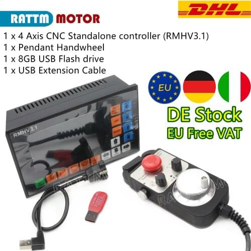 「EU Free VAT」RHMV3.1 4 Axis 500KHz G-Code Offline CNC Stand Alone Controller + 4 Axis Emergency Stop Electronic Handwheel MPG