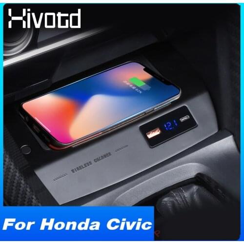 Hivotd Wireless Charger 15W Phone Charging Board Pad QI Interior Car Modification Accessories For Honda Civic 10th 2016-2021