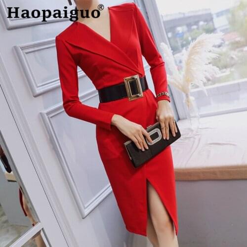 S-XXL Large Size Modis Casual Black Dress Women Deep V-neck Sheath Bodycon Office Dress Women with Sashes Split Solid Work Dress