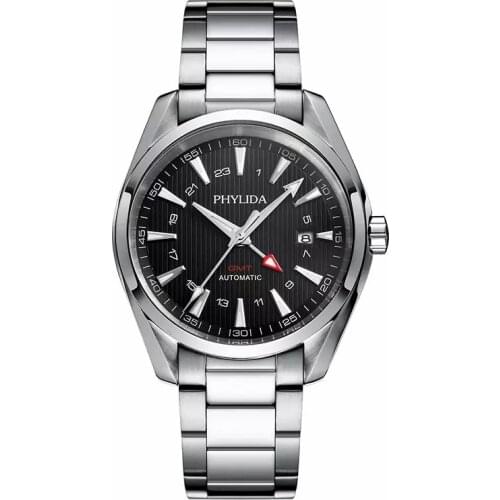 PHYLIDA NEW mens watch 10BAR 100M Water-resistant Automatic GMT Watch Black Dial Fashion Luxury Mechanical Wristwatch Solid SS