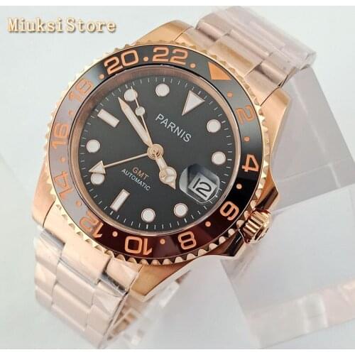 40mm Parnis mens top watches golden case sapphire glass ceramic bezel black dial GMT date window automatic mens watch