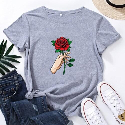 Rose Graphic T Shirts Women O-neck Casual T-shirt Women Cotton Short Sleeve T Shirt Femme Simple Wild Tee Shirt Women