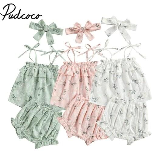 Infant Baby Girls Three Piece Set Ruffled Hem Lace Up Shoulder Strap Floral Printed Tops Elastic Waist Shorts Hair Band Summer