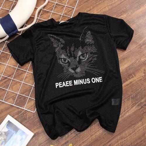 Fashion Cat pattern Tops Hot diamond silk Short sleeve T-shirt women summer new 2020 Korean style Loose plus size Tees Female