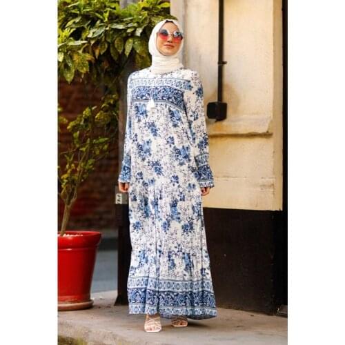 Ebruli Pattern Hijab Dress - Blue -muslim dress women abaya kaftan modest dress abayas for women abaya turkey turkish dresses ab