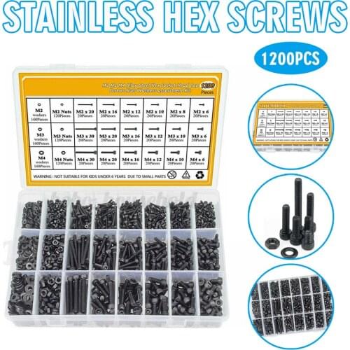 1200pcs Hex Socket Head Cap Screws Set M2 M3 M4 Assortment Stainless Steel Hex Screws Nuts Washers Kit For Home Improvement