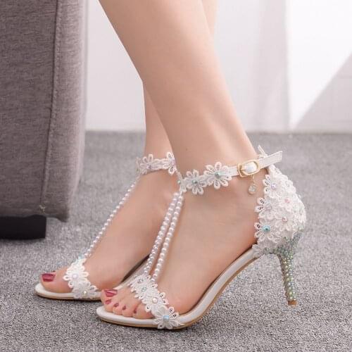 New Womens Summer White High Heels Open Toe Bridal Wedding Sandal Fashion Flowers Ankle Strap Ladies Party Sandals Shoes H0098
