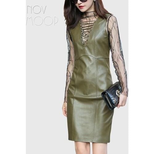 Novmoop 2020 new design genuine leather sheepskin vest dress Robe sans manches en cuir pour femme LT3239