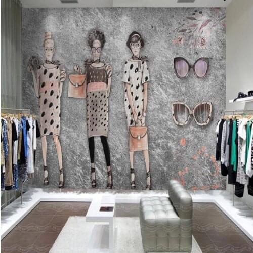 Custom 3D retro hand-painted beauty clothing store womens clothing tooling background wall painting