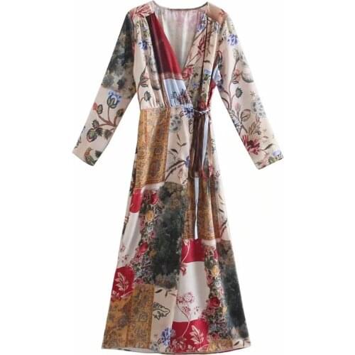 Spring high quality Vintage Printed Midi robe Women 2021 Patchwork V-neck Pleated Long Sleeve Wrap Dress Woman Casual Dresses