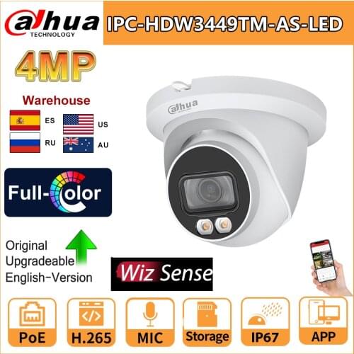 Dahua Full-Color IP Camera 4MP IPC-HDW3449TM-AS-LED Built-in Mic Warm LED Support SD Card ColorVu 12V DC/PoE IP67 WizSense Cam