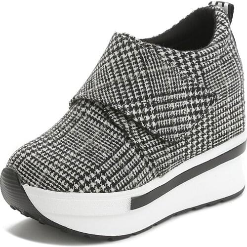 Casual Sport Women Shoes Hidden Heel 9CM Round Toe Gingham Women sShoes Wedges and Platform Womens Luxury Sneakers 2019 Fashion