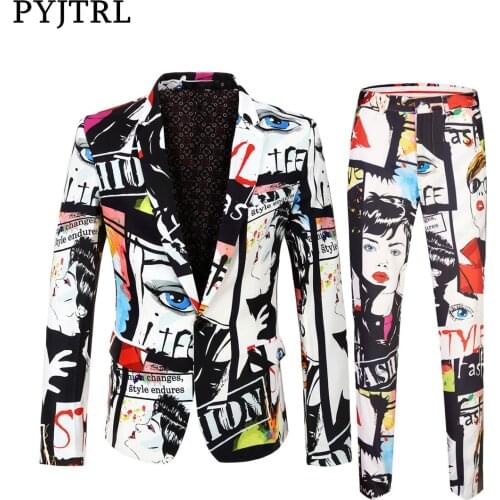 PYJTRL Brand Tide Mens Fashion Print 2 Pieces Set Casual Suits Plus Size Hip Hot Male Slim Fit Suit Men Singer Wedding Costume