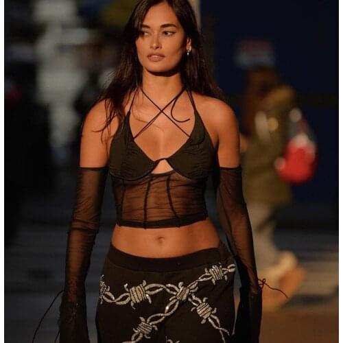 Sexy low cut mesh top women Halter autumn new club party black see-through Transparent long sleeve tee shirt female