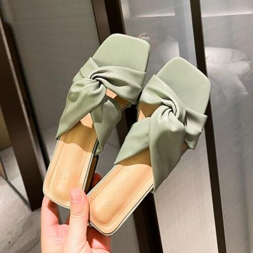Cross Band solid pu slippers woman slip on flipflops gladiator summer shoes women concise mood chunky med heels slides femme2020