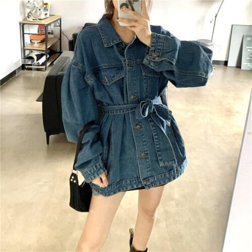 Vintage Blue Denim Jacket Plus Sashes Spring Autumn Korean Women Clothing Loose Casual Long-sleeve Female Veste En Jean Femme
