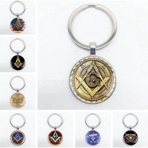 Vintage Bronze Masonic Masonic Design Glass Convex Round Key Chain Men and Women Gift Jewelry