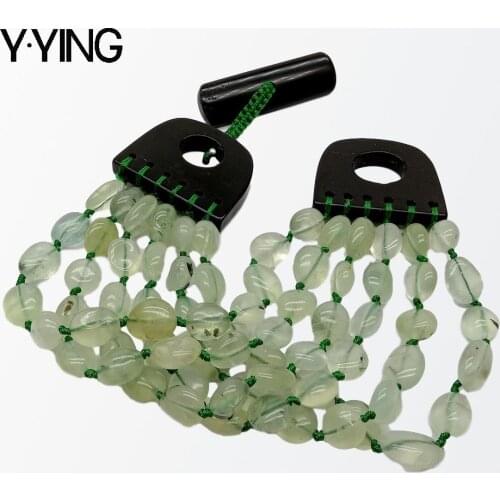 Y·YING Natural 6 Rows Green Prehnites freeform Nugget Bracelet 8" Onyx toggle clasp trendy for women