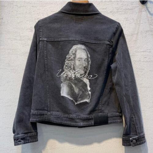 2022SS Woman Dark Grey Denim Jacket Image Print Letters Embroidered Back Long Sleeves Jackets Front Zipper Fashion Coats