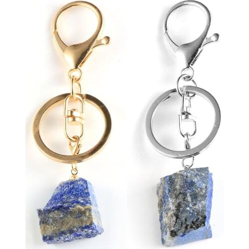Women Men Irregular Lapis Lazuli Pendant Key Chain Blue Natural Stone Healing Metal Lobster Clasp Key Rings Keychains Jewelry