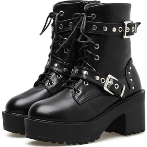 Women Rivet Moto Boots Platform Ankle Boots Black Leather Gothic Punk Buckle Strap Boots Women Mid Heels Boots