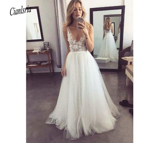 Sexy Illusion Deep V-Neck Boho Country Wedding Dresses Sleeveless Appliques Lace Backless Bohemian Long Bridal Wedding Dress