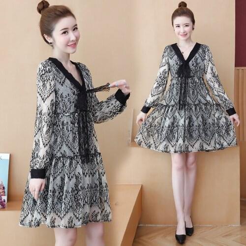 Mujer Elegant Dress Casual V-neck Loose Pullover Print Dresses Fashion Womens Plus Size Slim Lace Bow Vestidos Female New Z508