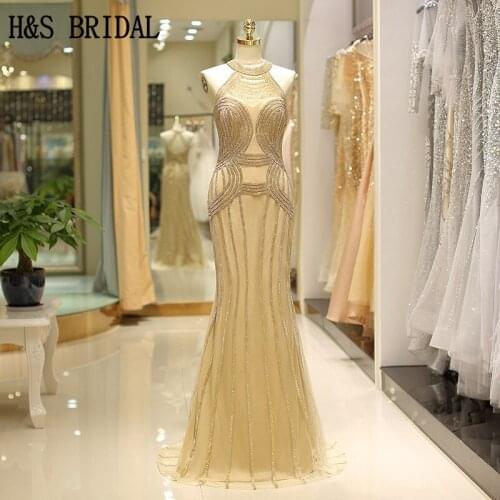 H&S BRIDAL Champagne Crystals evening dress Mermaid Arabic Woman Evening Formal Gowns vestidos de fiesta