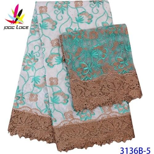 100% Cotton Lace Fabric White Green Style 5+2 Yards Wax Stone Cord Side Jacquard Brocade Chemical High Quality 2020 Quality