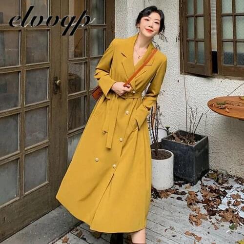 2020 Casual Trench Coat Long Windbreaker Women Korean Pleated Double-breasted Coat With Belt Solid Long Sleeve Pockets Outerwear