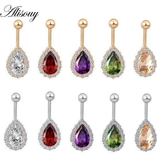 Alisouy 1PC Fashion Water Drop Zircon Navel Piercing Stainless Steel Belly Button Rings Body Jewelry for Women belly piercing