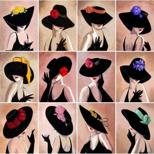 AZQSD 5D Diamond Embroidery Woman Hat Mosaic Rhinestones Diamond Painting Portrait Cross Stitch Needlework Home Decoration