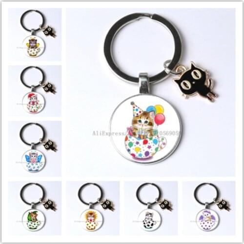 Lovely Flower catKeychain Pets cats Glass Cabochon Keychain Bag Car Key Chain Holder Charms Keychains for Men Women Gifts