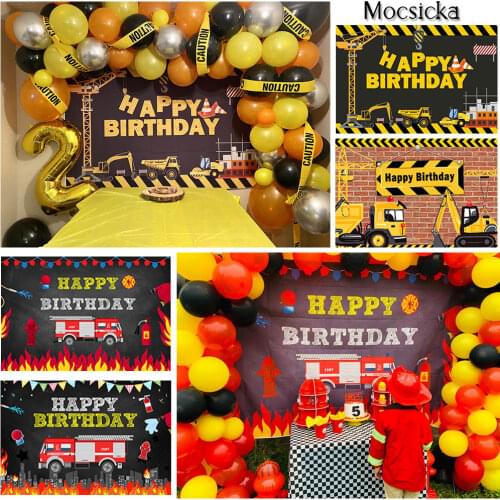Construction Firetruck Boys Birthday Party Backdrop Dump Truck Digger Zone Fireman Fire Background Decor Dessert Table Banner